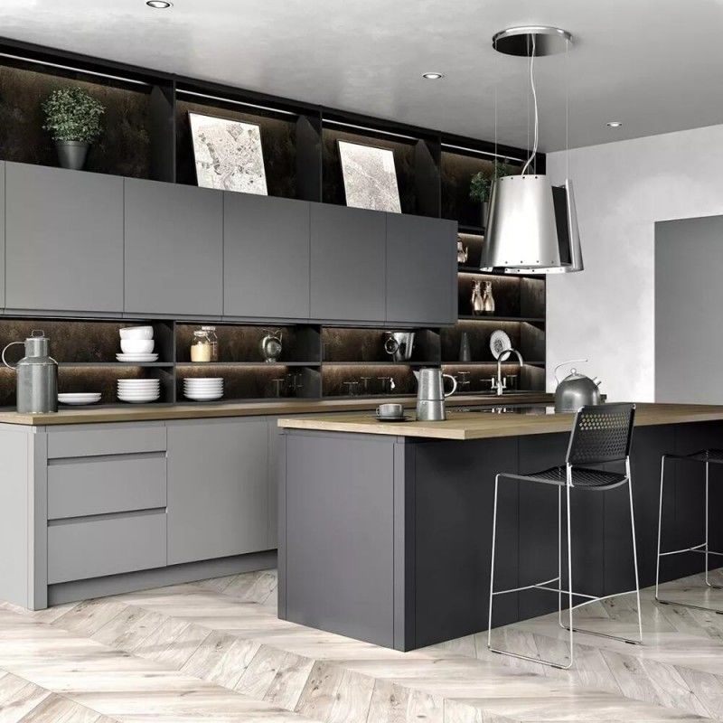 Очень ODM / OEM черный одностенный кухонный шкаф с большим островом и Blum