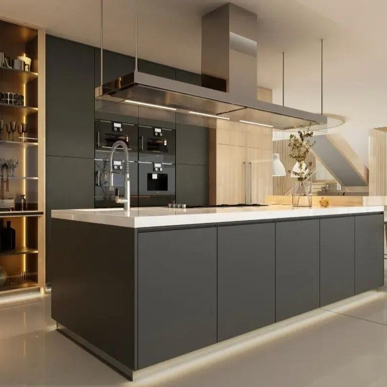 Blum Hardware Кухонный остров Шкаф с дверной панелью из твердого дерева в черном дизайне