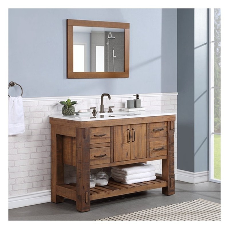 Массивный деревянный столешничный ванный шкаф с серебряным зеркалом и винтажным стилем