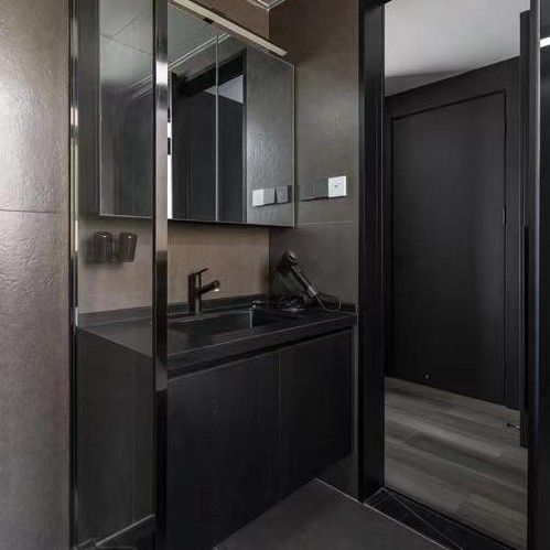Квартира Твердая поверхность Черная ванная Led Mirror Высокий шкаф CAD Design Vanity Combo