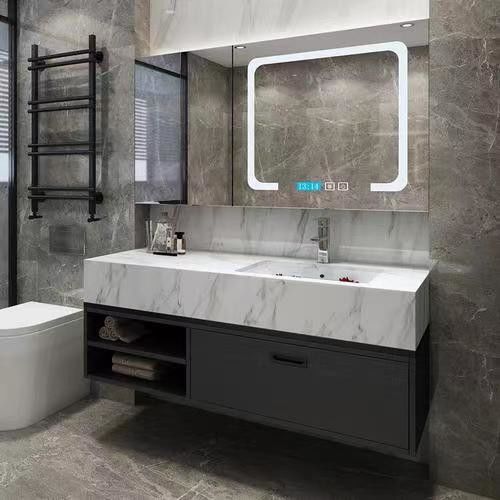 Квартира Твердая поверхность Черная ванная Led Mirror Высокий шкаф CAD Design Vanity Combo