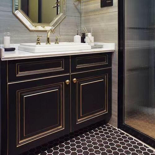Квартира Твердая поверхность Черная ванная Led Mirror Высокий шкаф CAD Design Vanity Combo