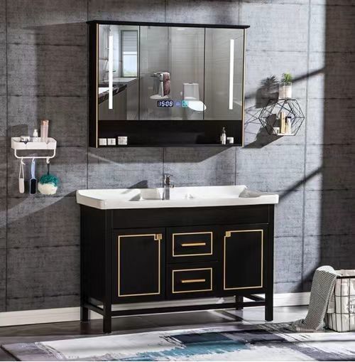 Квартира Твердая поверхность Черная ванная Led Mirror Высокий шкаф CAD Design Vanity Combo